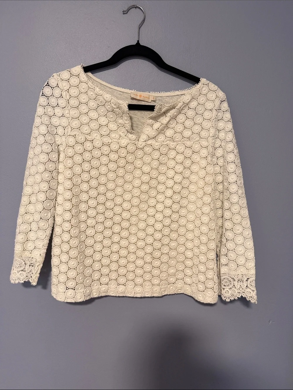 Tory Burch Ivory Crochet Lace Blouse Top 3/4 Sleeve Medium